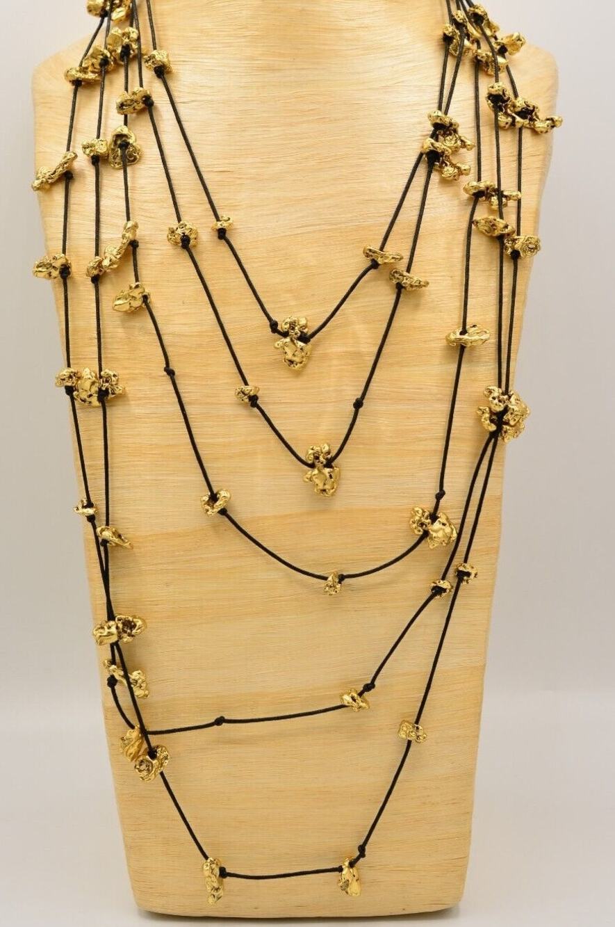 Karine Sultan Vintage Necklace Brushed Gold Nugget Matte Black Cord Signed BinI